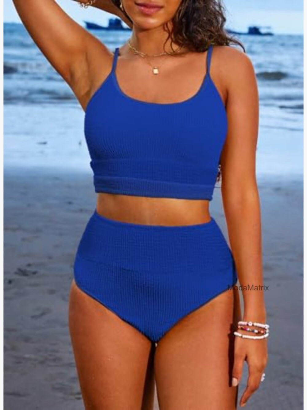 Large High Waisted Bikini Set Scrunch Ribbed Fabric Padded Top - Picture 5 of 7